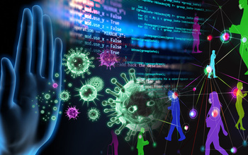 A collage of images including a hand, illustrations of viruses, computer code and people connected by lines.